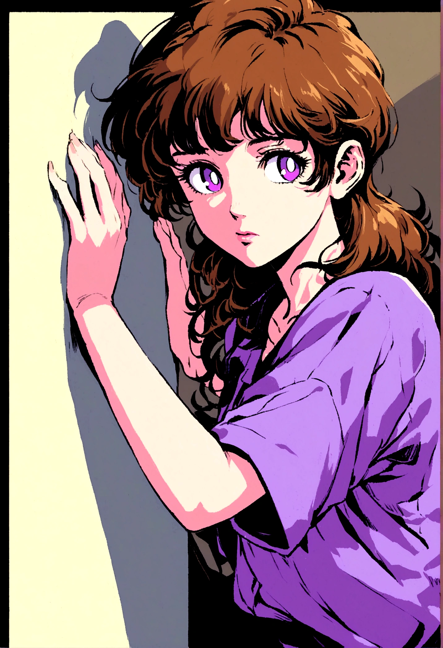 Create an intense, evocative portrait in the Japanese retro anime style of the 80s and 90s. Featuring a male character, leaning against a wall with her arms raised, eyes lost in the deep.
shading add depth and texture, phasizing the emotional gravity of the scene. Content purple shirt purple pupils brown hair