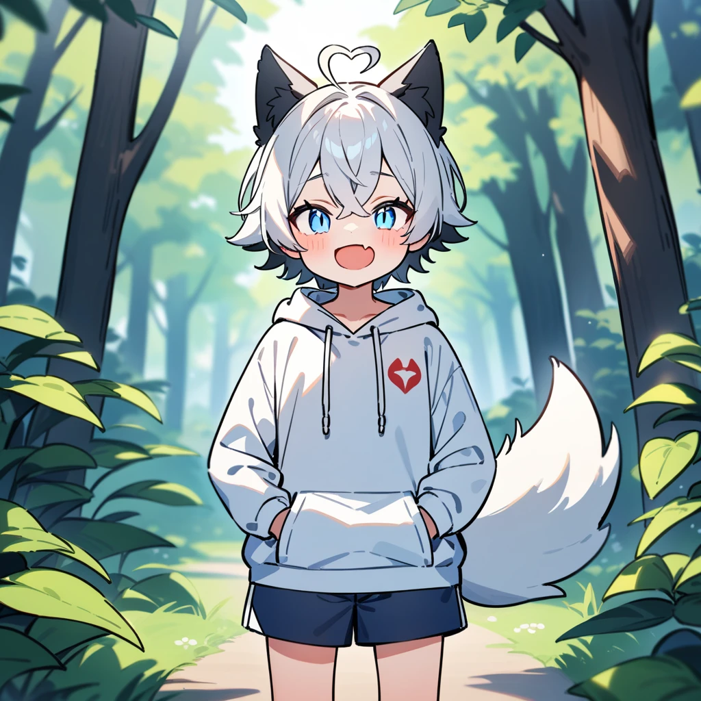 （masterpiece：1.2，high quality），16K，High resolution，A seven-year-old boy，cute boy，white hair，short hair，crossed bangs，light blue eyes，slit pupils，heart ahoge，black ears，cat ears，laughing，skin fang，red halo，Wearing a white hoodie，Dark blue shorts，Stand in the forest，There are flowering trees on both sides.，primary school student，thigh，alone，dog tail，（Put your hands in your pockets），（（Put your hands in your pockets））