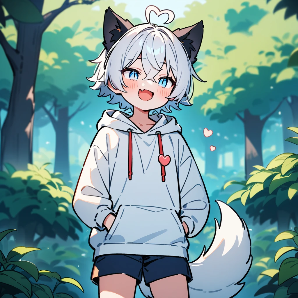 （masterpiece：1.2，high quality），16K，High resolution，A seven-year-old boy，cute boy，white hair，short hair，crossed bangs，light blue eyes，slit pupils，heart ahoge，black ears，cat ears，laughing，skin fang，red halo，Wearing a white hoodie，Dark blue shorts，Stand in the forest，There are flowering trees on both sides.，primary school student，thigh，alone，dog tail，（Put your hands in your pockets），（（Put your hands in your pockets））