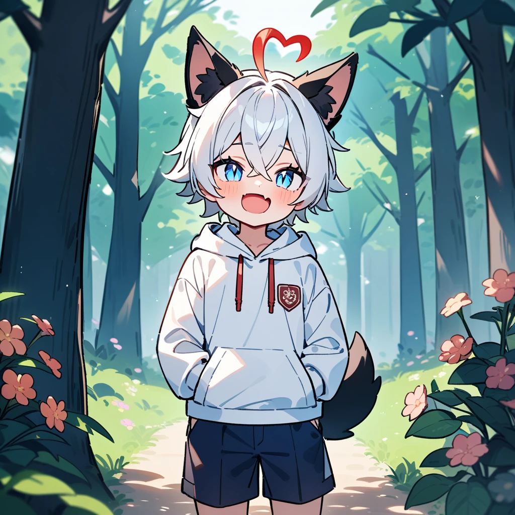 （masterpiece：1.2，high quality），16K，High resolution，A seven-year-old boy，cute boy，white hair，short hair，crossed bangs，light blue eyes，slit pupils，heart ahoge，black ears，cat ears，laughing，skin fang，red halo，Wearing a white hoodie，Dark blue shorts，Stand in the forest，There are flowering trees on both sides.，primary school student，thigh，alone，dog tail，（Put your hands in your pockets），（（Put your hands in your pockets））