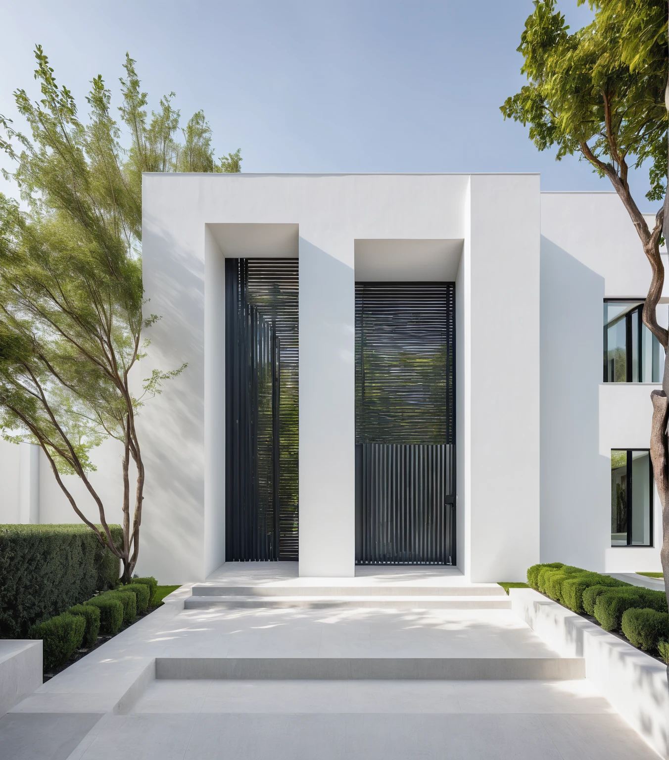 White_Wall_Villa, modern architecture, minimalist modern design, clean lines, stone facade, glass window, metal gate, vertical slats, outdoor sculpture, entrance, luxury home, residential building, sidewalk, green shrubbery, geometric shapes, natural lighting, clear sky, contemporary, gray color palette, open design, shadow play