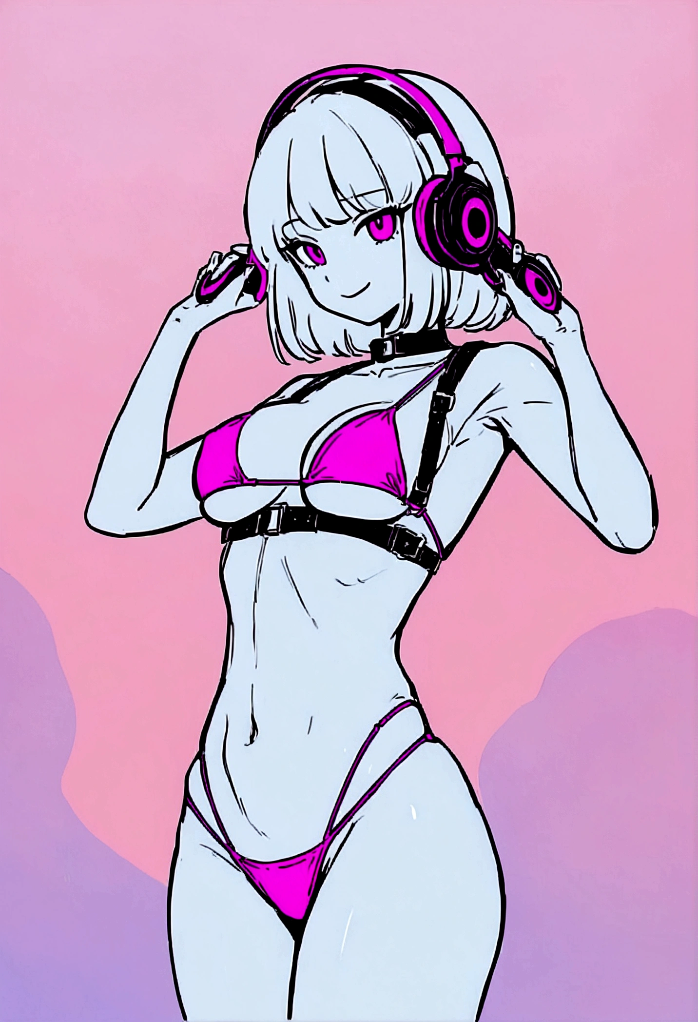 (best qualityer,4K,8K,high resolution,work of art:1.2),ultra detali, anime styling, Vapor wave aesthetics, line art, Breasts huge, boba, Thick and skinny waifu:1.5, bikini with harness, purple and hot pink background, SUNSET, erotic pose:1.5, using large headphones, Waifu, seductive expression:1.2, ssmile