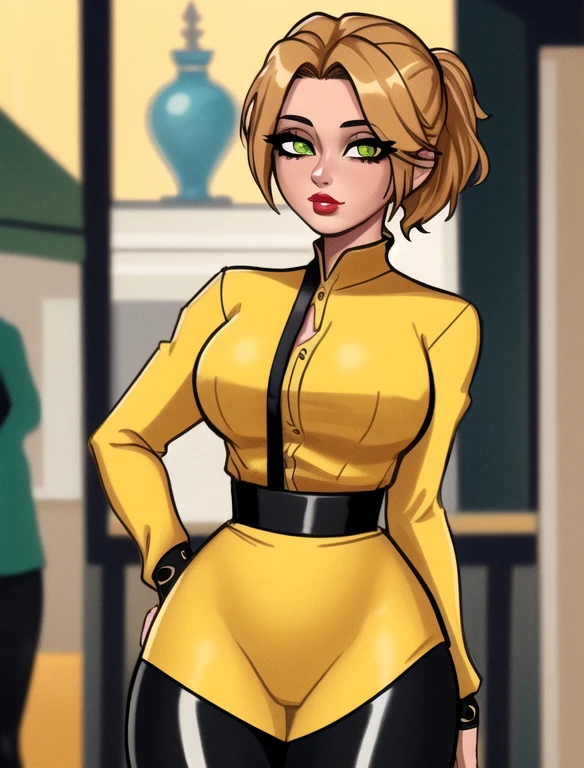 (best quality:1.3), (4K quality),masterpiece, best quality, high res, detailed, (Detailed face:1.2), (Detailed eyes:1.2), (Hourglass figure:1.2), 1girl, solo, 36-years-old, tan olive skin, short blonde hair, pony tail style, green eyes, eyeshadow, mascara, red lipstick, approximately 5'2" tall, ((Wearing a yellow blouse, shiny black leggings)), standing outside on Miami streets, people in the surroundings, busy atmosphere, cinematic lighting, detailed background,
