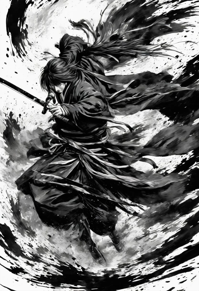 Ink painting,Ink Painting,Black and white painting,splash,upside-down face,Anime Rurouni Kenshin,main character、Kenshin Himura,Black Costume,(multiple crows:1.2),(acrobatic pose,Detailed depiction of intense sword fighting scenes:1.2),