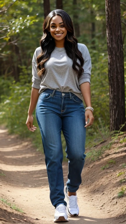 Lauren London dressed in comfortable clothes on a trail and smiling