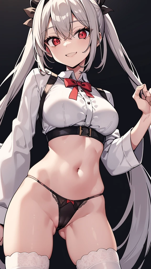 A girl, cute, thin, beautiful, smile, charming smile, midriff-baring dress, bow on the dress, white short top, suspender panties, lace panties, long ponytails, navel, ta style, camel toe, pubic mound, white shirt, black bow, brown hair, exposed navel, bare legs, cross, black hair, white briefs, exposed navel shirt, charming smile, elegant, red hairpin, twin ponytails, red eyes, red Pupils, smooth skin, just the right bangs, standing, kind, gentle, fair skin, night, fine characterization, extreme details, light and shadow coordination, precise body proportions, (correct proportions of facial features), (exquisitely carved face), epic General works, 8K, sitting position, legs apart, briefs, legs spread,female_masturbation