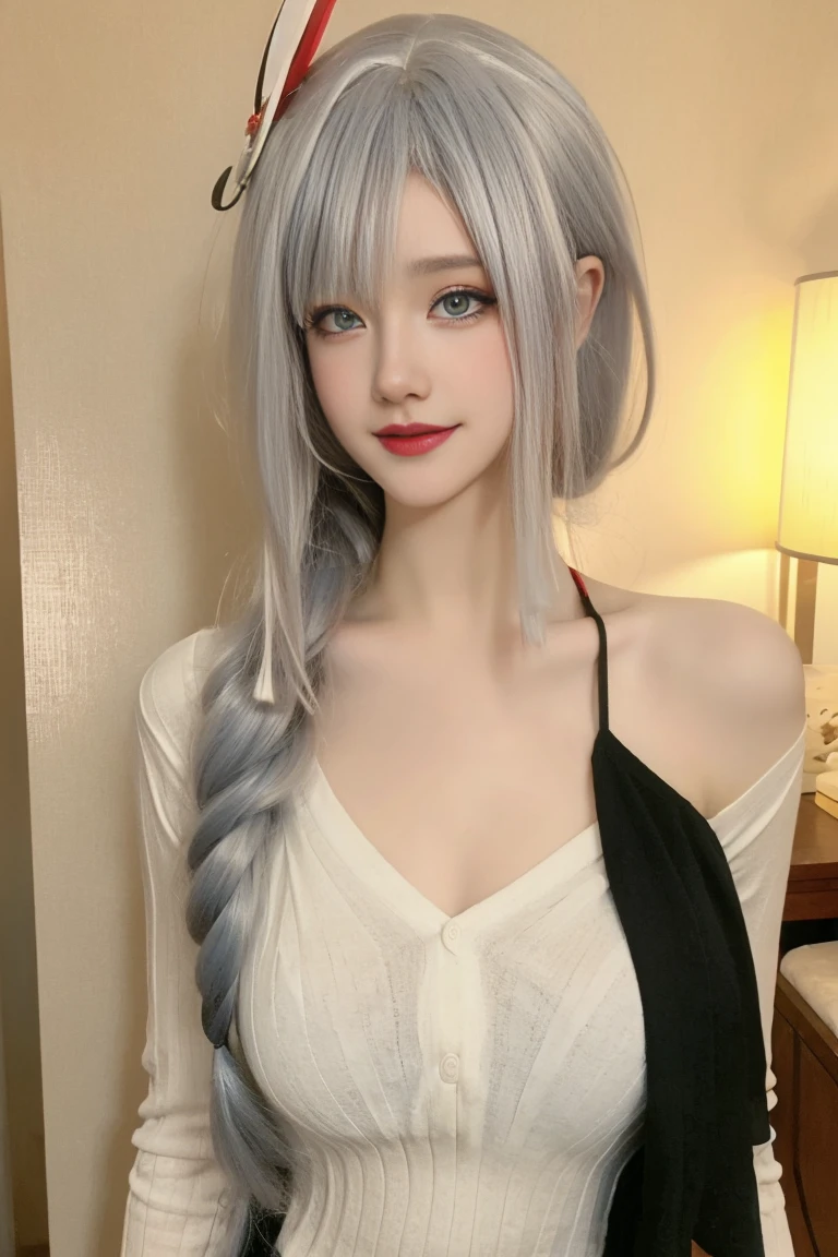 best quality, tmasterpiece,Ultra-high resolution,Clear face,（Reality：1.4），ferpect lighting，(upper body), (photorealistic:1.50), anime wallpaper, Guviz style artwork, cover-up fantasy up to magic , by Yang J, Guviz, beautiful artwork illustration, beautiful digital artwork, beautiful digital illustration, Li Song, beautiful anime portrait, art style in Beauvot, 1girl, 独奏, bangs, One braid hair, (white hair), Hair covers one eye, hair ornament, Earring, Blush, red cheeks, blue eyes, Double eyelids, Long sleeve white t-shirt, Bare shoulders, (super Giant breast:1.5), (shagging breasts:1.3), Short pencil skirt, Black skirt, sitting, room, Background inside the house, looking at viwer, smile, Slim body, Arms behind back,