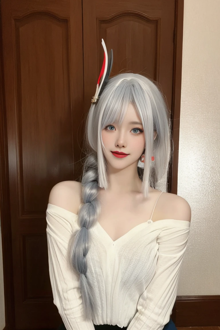 best quality, tmasterpiece,Ultra-high resolution,Clear face,(Reality:1.4),ferpect lighting,(upper body), (photorealistic:1.50), anime wallpaper, Guviz style artwork, cover-up fantasy up to magic , by Yang J, Guviz, beautiful artwork illustration, beautiful digital artwork, beautiful digital illustration, Li Song, beautiful anime portrait, art style in Beauvot, 1girl, 独奏, bangs, One braid hair, (white hair), Hair covers one eye, hair ornament, Earring, Blush, red cheeks, blue eyes, Double eyelids, Long sleeve white t-shirt, Bare shoulders, (super Giant breast:1.5), (shagging breasts:1.3), Short pencil skirt, Black skirt, sitting, room, Background inside the house, looking at viwer, smile, Slim body, Arms behind back,