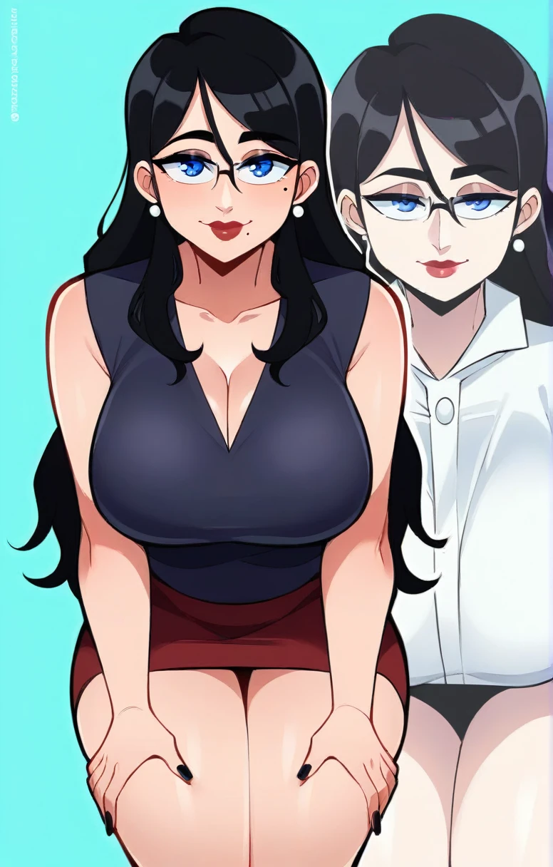 Expressiveh, egirlthot, chibiIcon, , score_9, score_8_up, score_8, (top quality,8k wallpaper),(masterpiece,best quality:1.2), ((source_anime, anime)), 1girl, , , ((black hair, long hair, )), old, mother, milf, teacher , ,, white skin, makeup, , saggy breasts, amused eyes, amused smile, , , wide eyes, jealous, jealousy, very jealous, yandere, caring, teaching , professor, , , black eyebrows, , , , egirlthot, , obsessive, , black mascara, black eyeliner, blue eyes, , , Goth girl, egirlthot, , , big sister, , large eyes, beauty mark, , giggling, laughing, leaning , , athletic , long fingernails,s1z3d1ff_t4lk, taller girl, standing, legs straight, bent forwards, arched back, hands on knees, , [[from below]:0.5], pov, eye contact, chibi, icon, cartoon, big head, wide hips, wide torso, plump, big eyes, big belly, saggy breasts, bursting breasts, icon, avatar, close up, 