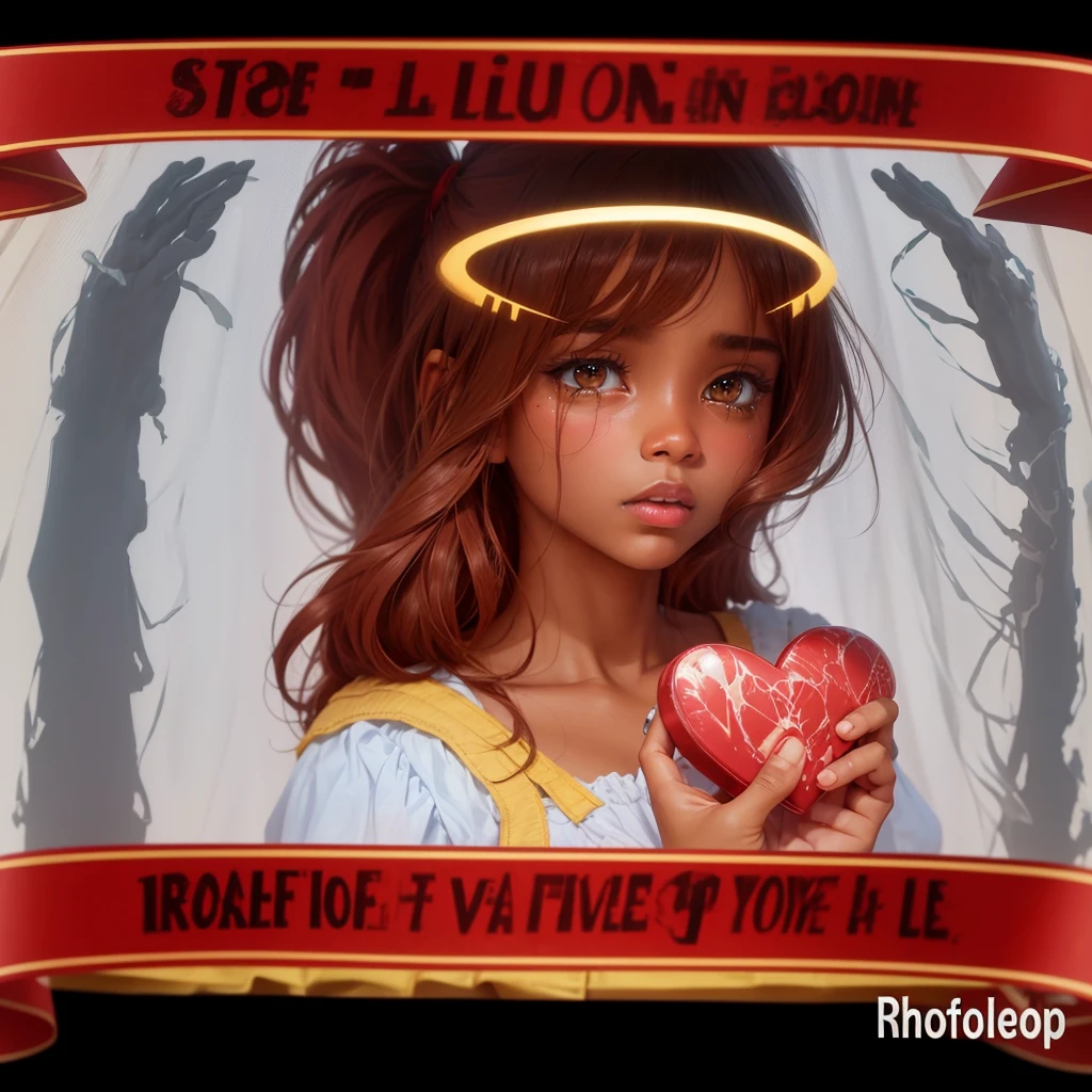 Turn this version into a real person keeping everything just the same brown skin female angel and crying with tears in both eyes running down both cheeks and with both hands holding a heart a broken heart repairing it the same exact image just making it real or realistic and keep all words in English nothing else on her Face but tears