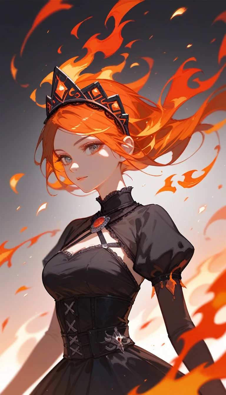 (Fraction_9,Fraction_8_Direction_7_up),1 Woman,（（（bust）））, Wearing a skirt，Surrounded by flames，Fire Mage，Hair turns into flames，Black clothes，Black silk princess dress，Lolita，Wearing a miniskirt，