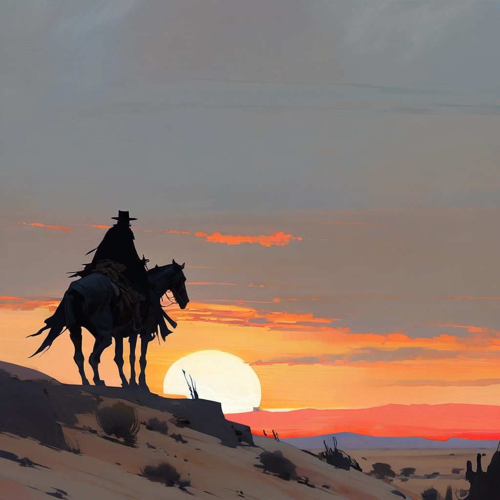 1man,Old West, Desert, scorching sun, silhouette, gloomy, black clothes, gunslinger, horizon, from far, Oil paint, black and white, horse, cape, red sun