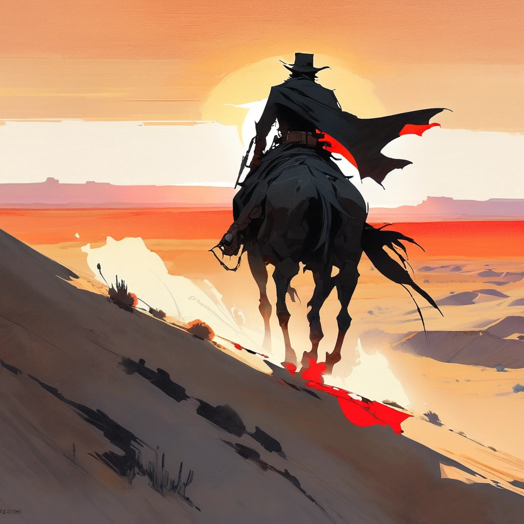 1man,Old West, Desert, scorching sun, silhouette, gloomy, black clothes, gunslinger, horizon, from far, Oil paint, black and white, horse, cape, red sun