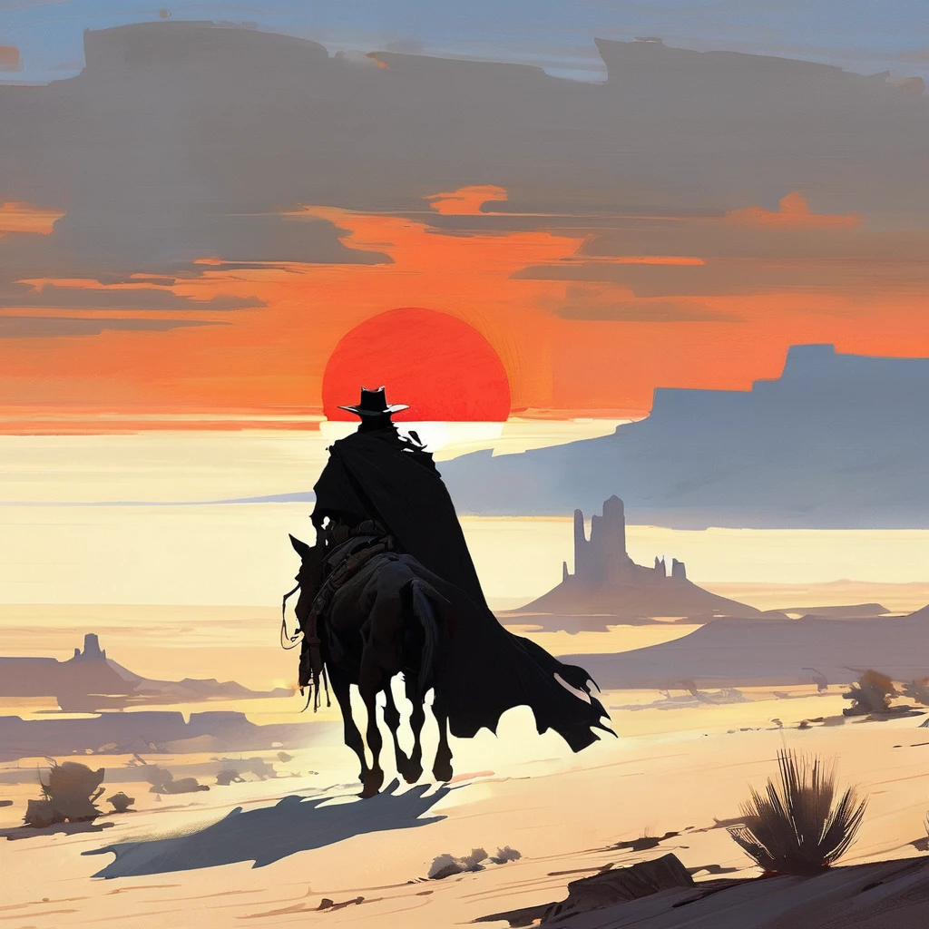 1man,Old West, Desert, scorching sun, silhouette, gloomy, black clothes, gunslinger, horizon, from far, Oil paint, black and white, horse, cape, red sun