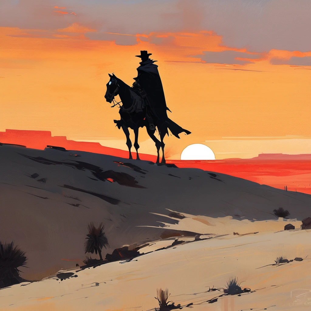 1man,Old West, Desert, scorching sun, silhouette, gloomy, black clothes, gunslinger, horizon, from far, Oil paint, black and white, horse, cape, red sun