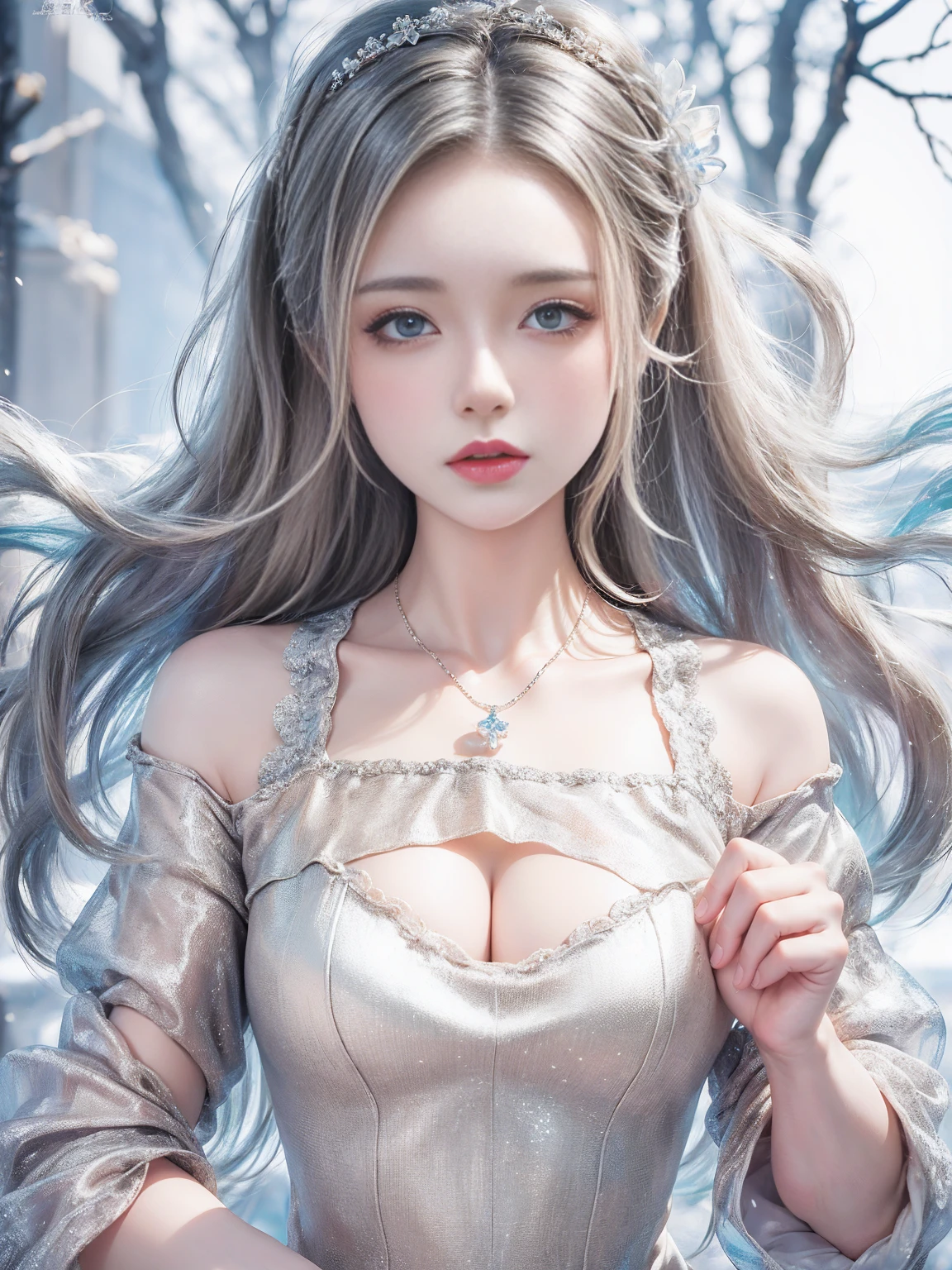 (((masterpiece))), Highest quality, shape, 4k wallpaper, Cinematic Light, Absurd, One Girl,(snow,ice), snowの花, In winter, Gray Hair, Shiny Hair, Wavy Hair, Transparent clothes, Frills, Race, Wet clothes, off_shoulder, Hair Scrunchie,masterpiece, Telescope Lens, Absurd, GRaceful featureovie Posting,Poster composition,Strike a pose gRacefully,Classic,Natural light,Soft Light,(The Seven Doppelgangers) ,wonderful,Dreams are magical,mysterious、sex appeal、sexy、???????、Sex Appeal、