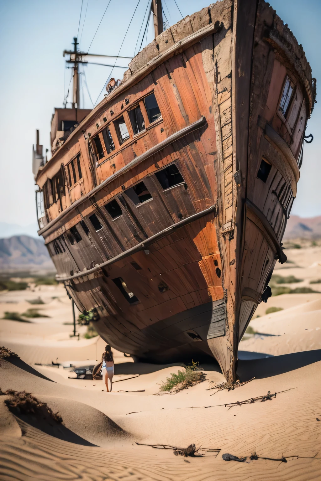 prospect:An extremely beautiful woman squatting in the desert in a swimsuit、Kazuko Yoshiyama,（break）background: Boat anchored on sand, Detailed Matte Painting, Andries Stock, unsplash Contest Winner, Renaissance, Photos Pinterest, Ancient West, taken in 2022, Arabia, Skeleton of a pirate ship, Detailed photo 8k, Medium portrait, Majestic sand dunes, Abandoned old, 4K  8K, Low Angle Shop