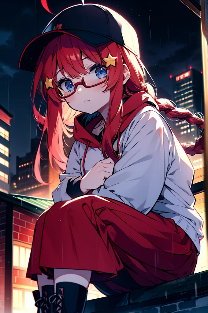 itsukinakano, itsuki nakano, bangs, blue eyes, Hair between the eyes, Ahoge, Redhead, star \(symbol\), hair ornaments, star hair ornaments,Long braids,Baseball hats,Red-rimmed glasses,Oversized red hoodie and long skirt,Black pantyhose,short boots,Hiding in a roofed building,Sitting on the steps of a roofed building,rain,night,whole bodyがイラストに入るように,
break outdoors, Alley,
break looking at viewer, whole body,
break (masterpiece:1.2), Highest quality, High resolution, unity 8k wallpaper, (figure:0.8), (Beautiful attention to detail:1.6), Highly detailed face, Perfect lighting, Highly detailed CG, (Perfect hands, Perfect Anatomy),