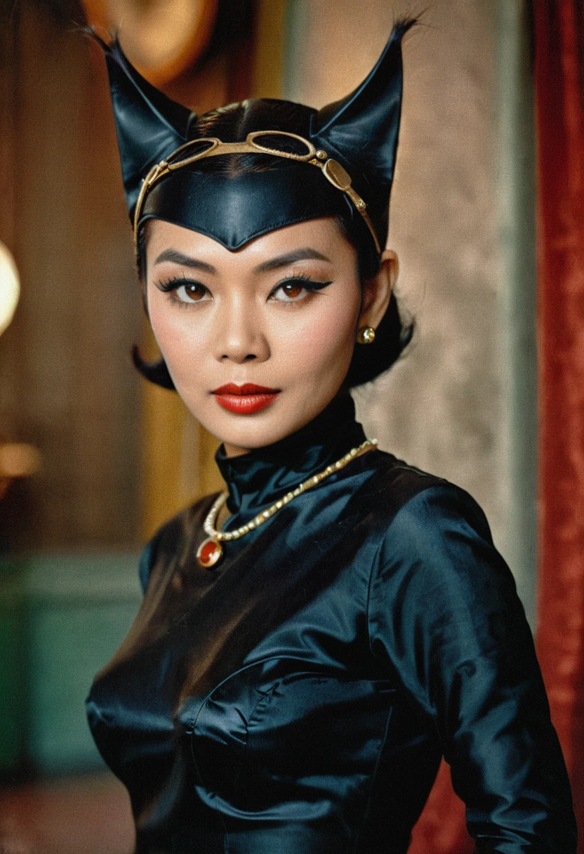 vintage old photo from the 1960s, masterpiece closeup portrait photo of a Catwoman Thai style in 1960, colour style 60s, black suit, thai movie style, Old Classic Films, old picture, maximum details, dramatic shadow evocative analog film noise, half body portrait, cinematic, movie still, captured in the style 35 mm movie film