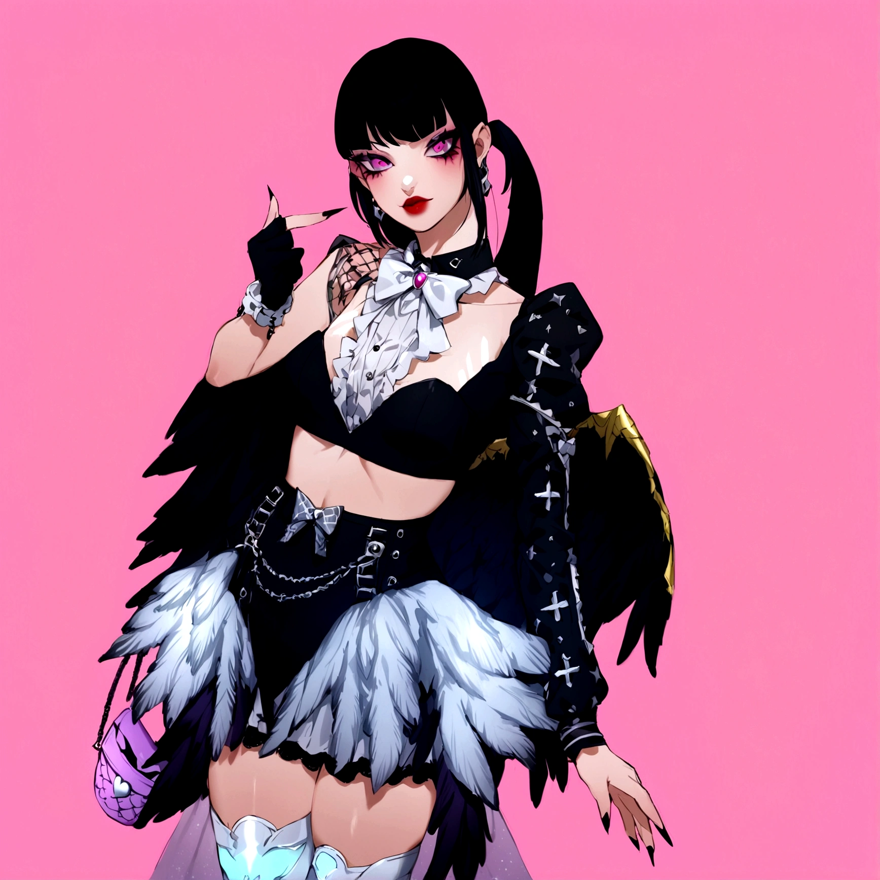 there is a woman in a costume with wings and a purse, villainess has black angel wings, angel knight gothic girl, beautiful cyborg angel girl, gothic outfit, fantasy outfit, angel with black wings, raven winged female vampire, pastel goth, inspired by Awataguchi Takamitsu, inspired by Jin Homura, hyper - goth, dollpunk