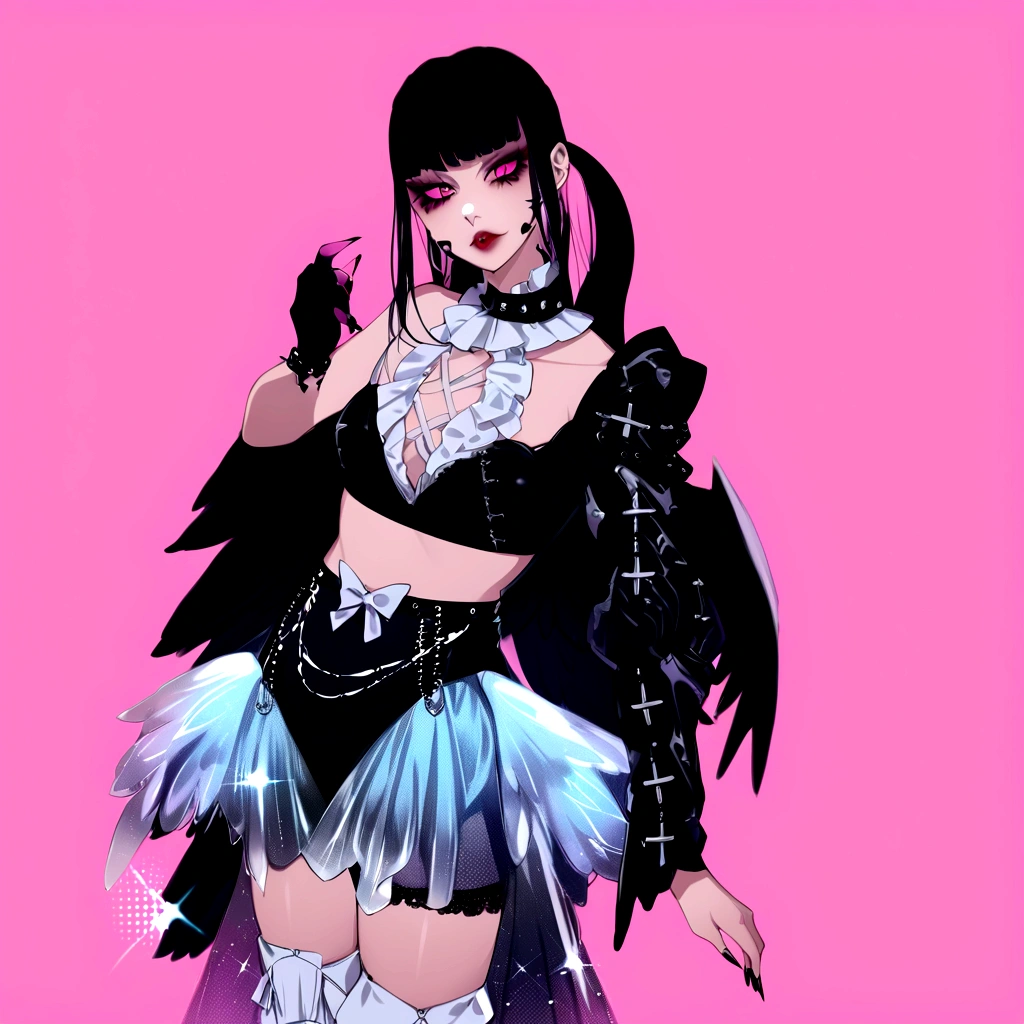 there is a woman in a costume with wings and a purse, villainess has black angel wings, angel knight gothic girl, beautiful cyborg angel girl, gothic outfit, fantasy outfit, angel with black wings, raven winged female vampire, pastel goth, inspired by Awataguchi Takamitsu, inspired by Jin Homura, hyper - goth, dollpunk