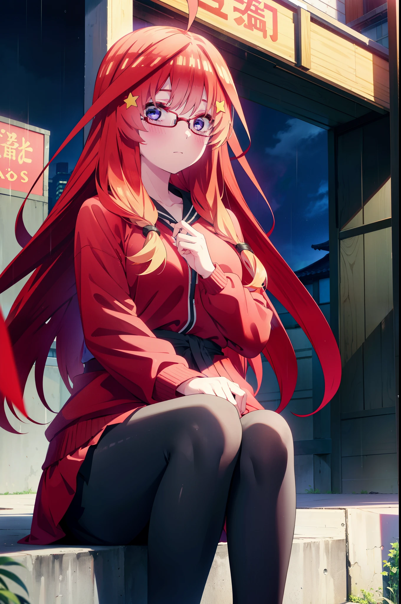 itsukinakano, itsuki nakano, bangs, blue eyes, Hair between the eyes, Ahoge, Redhead, star \(symbol\), hair ornaments, star hair ornaments,Long braids,Baseball hats,Red-rimmed glasses,Oversized red hoodie and long skirt,Black pantyhose,short boots,Hiding in a roofed building,Sitting on the steps of a roofed building,rain,night,whole bodyがイラストに入るように,
break outdoors, Alley,
break looking at viewer, whole body,
break (masterpiece:1.2), Highest quality, High resolution, unity 8k wallpaper, (figure:0.8), (Beautiful attention to detail:1.6), Highly detailed face, Perfect lighting, Highly detailed CG, (Perfect hands, Perfect Anatomy),