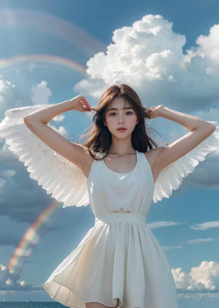 （Realisticな, photo-Realisticな:1.37),(8K, RAW Photos, Highest quality, masterpiece:1.2),  Ultra-detailed, 超High resolution, Kodak Vision Color, Filmed with an Arricam LT camera,Highest quality, Lively, 8K, High resolution, 1 female, Japanese、Escape, (Professional Lighting), (Portraiture:0.6),Brown Hair, (Medium Hair）,23 years old、Pure white dress、 Realistic, a hyperRealistic , ((Perfect beautiful eyes)), pose for a photo (((The background is white clouds and a rainbow))、 ((Angelの翼)) 、Angel、美しいAngel、両肩にAngelの翼、White Wings、A gentle smile、 (((No extra arms))),