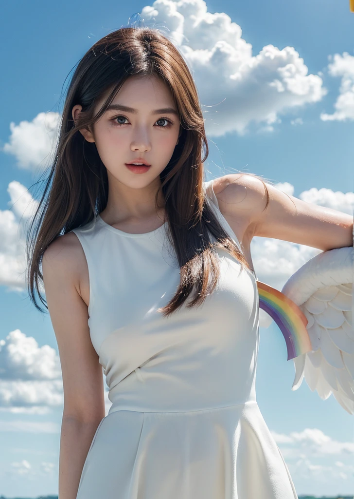 （Realisticな, photo-Realisticな:1.37),(8K, RAW Photos, Highest quality, masterpiece:1.2),  Ultra-detailed, 超High resolution, Kodak Vision Color, Filmed with an Arricam LT camera,Highest quality, Lively, 8K, High resolution, 1 female, Japanese、Escape, (Professional Lighting), (Portraiture:0.6),Brown Hair, (Medium Hair）,23 years old、Pure white dress、 Realistic, a hyperRealistic , ((Perfect beautiful eyes)), pose for a photo (((The background is white clouds and a rainbow))、 ((Angelの翼)) 、Angel、美しいAngel、両肩にAngelの翼、White Wings、A gentle smile、 (((No extra arms))),