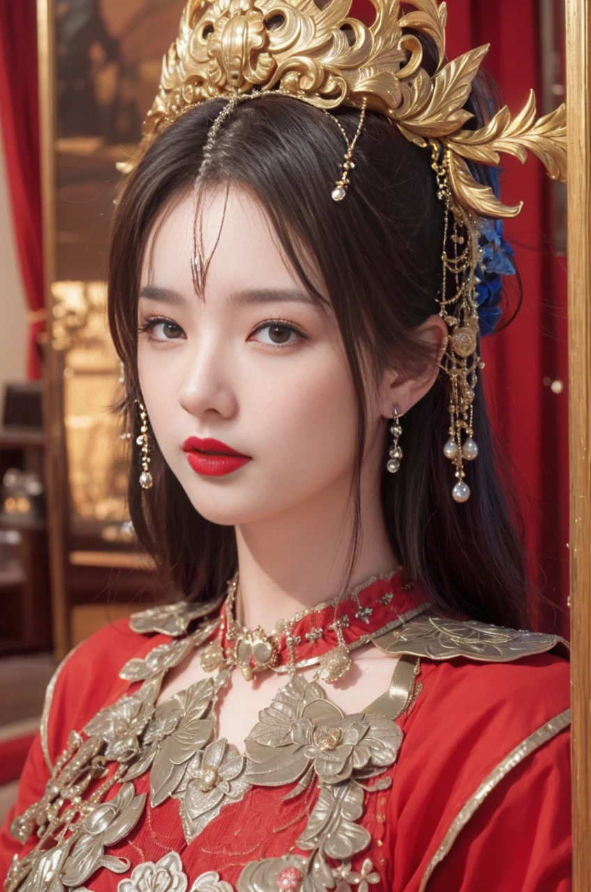 best quality, tmasterpiece,Ultra-high resolution,Clear face,(Reality:1.4),ferpect lighting,(upper body shot), (photorealistic:1.50), anime wallpaper, Guviz style artwork, cover-up fantasy up to magic , by Yang J, Guviz, beautiful artwork illustration, beautiful digital artwork, beautiful digital illustration, Li Song, beautiful anime portrait, art style in Beauvot, Lips wear thick red lipstick