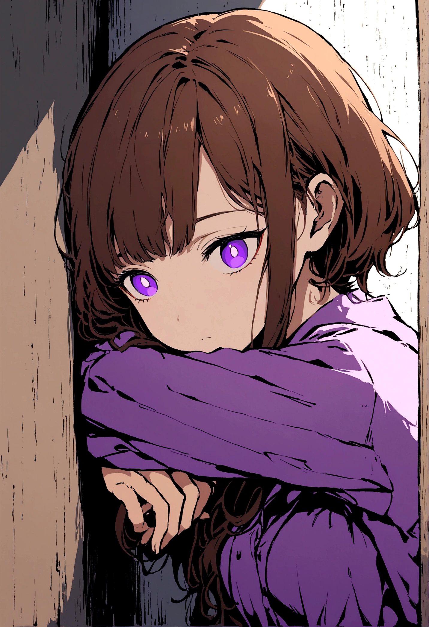 Create an intense, evocative portrait in the Japanese Featuring a Man character, leaning against a wall with her arms raised, eyes lost in the deep. shading add depth and texture, phasizing the emotional gravity of the scene. Content purple shirt purple pupils brown hair