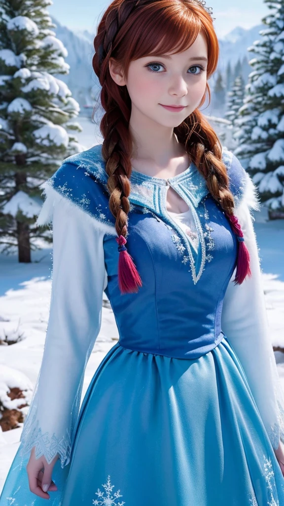 safe, Here is a message in English to generate an image of Anna from the Disney movie. "Frozen":

"Create an image of Anna from Disney's Frozen. She should have her signature red hair styled in two braids.., wear a blue and magenta dress, and be in a snowy context."

Would you like to add any specific details to the message??