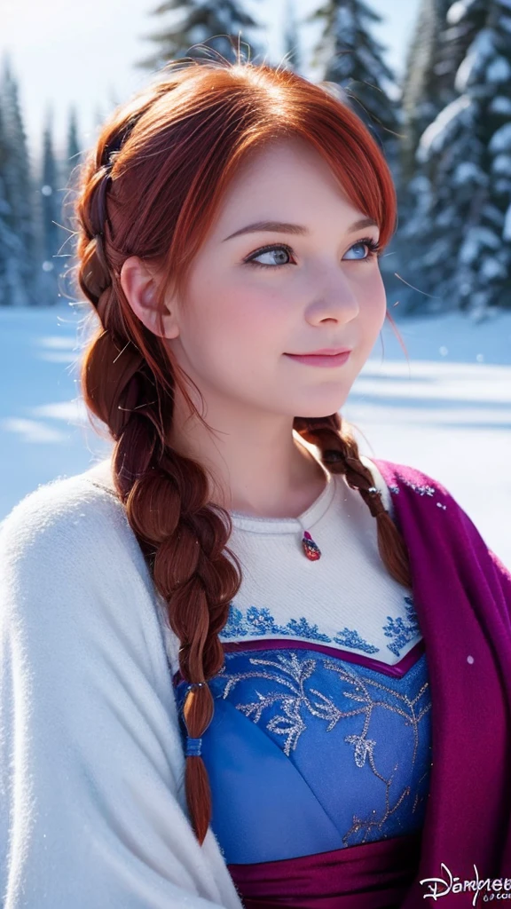 safe, Here is a message in English to generate an image of Anna from the Disney movie. "Frozen":

"Create an image of Anna from Disney's Frozen. She should have her signature red hair styled in two braids.., wear a blue and magenta dress, and be in a snowy context."

Would you like to add any specific details to the message??