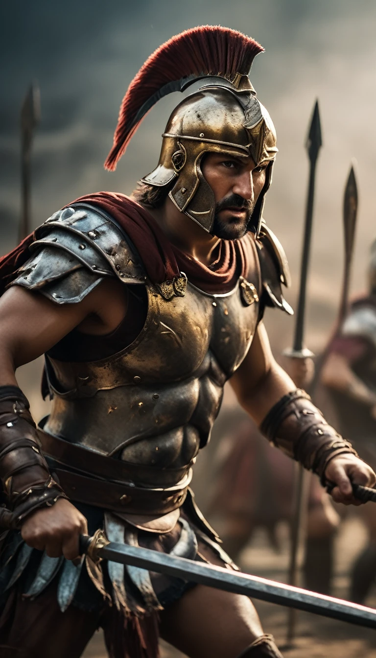 Illustrate a Spartan warrior with a stern expression, holding his spear tightly in a ready position, battle atmosphere background, hyper realistic, ultra detailed hyper realistic, photorealistic, Studio Lighting, wearing a gold crown, reflections, dynamic pose, Cinematic, Color Grading, Photography, Shot on 50mm lens, Ultra-Wide Angle, Depth of Field, hyper-detailed, beautifully color, 8k