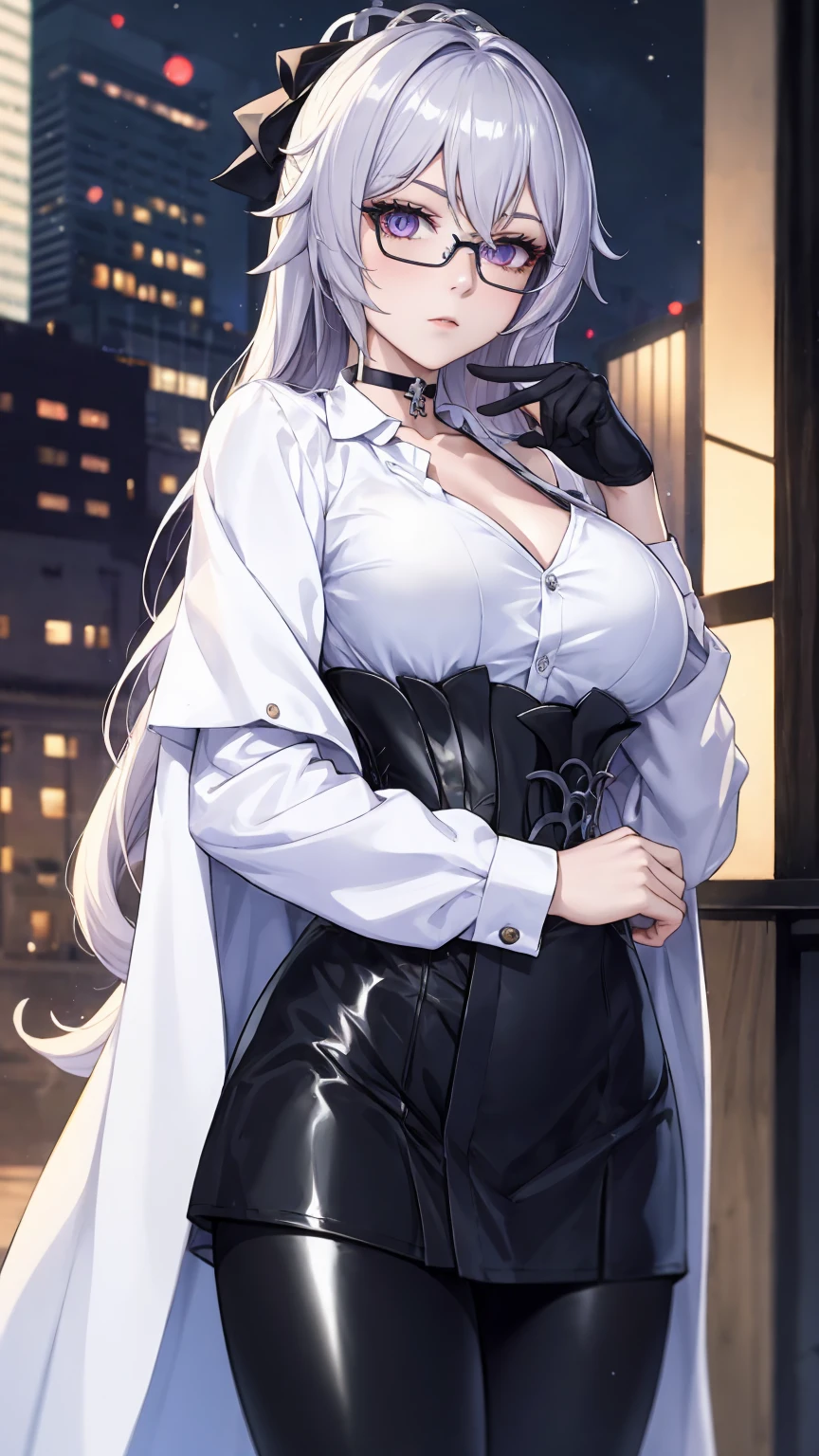 Masterpiece, Beautiful art, professional artist, 8k, detailed body, Very detailed face, very detailed eyes, Detailed clothing, detailed fabric, Best Quality, better resolution, 1 girl, bronya zaychik \(Honkai Impact 3rd\), front view, standing, big breasts, serious expression, At night , long silver hair, glasses, choker:1.6, (white collar button down long sleeve shirt), (shiny black corset), black gloves that cover your hands, (shiny black leggings), looking at the viewer, elegant room, At night