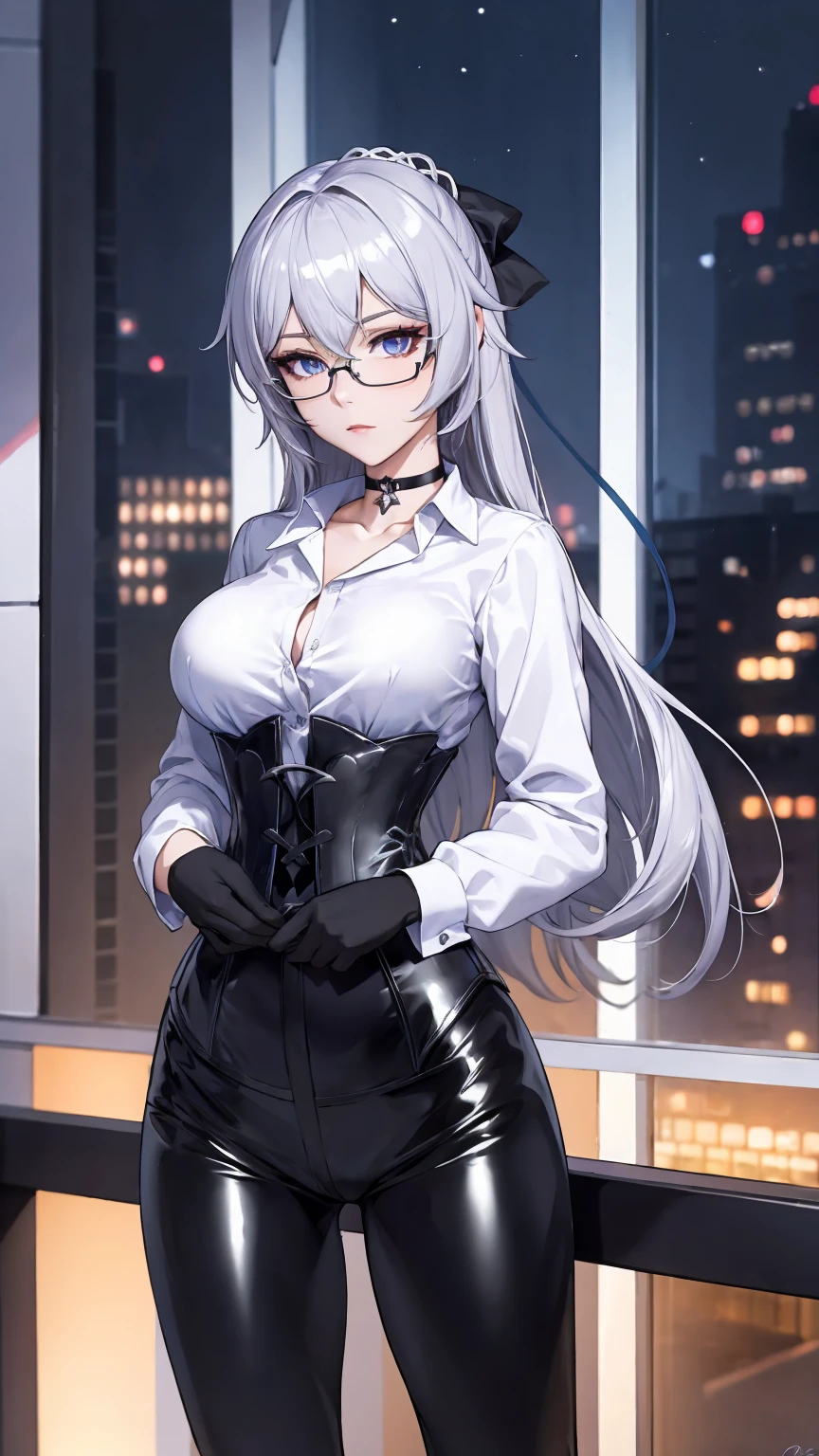 Masterpiece, Beautiful art, professional artist, 8k, detailed body, Very detailed face, very detailed eyes, Detailed clothing, detailed fabric, Best Quality, better resolution, 1 girl, bronya zaychik \(Honkai Impact 3rd\), front view, standing, big breasts, serious expression, At night , long silver hair, glasses, choker:1.6, (white collar button down long sleeve shirt), (shiny black corset), black gloves that cover your hands, (shiny black leggings), looking at the viewer, elegant room, At night