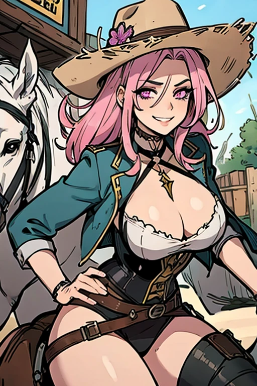 Perfect face, Perfect hands. A pink haired female cowgirl with violet eyes and an hourglass figure in a sheriff's outfit is riding a horse through a wild west town with a big smile