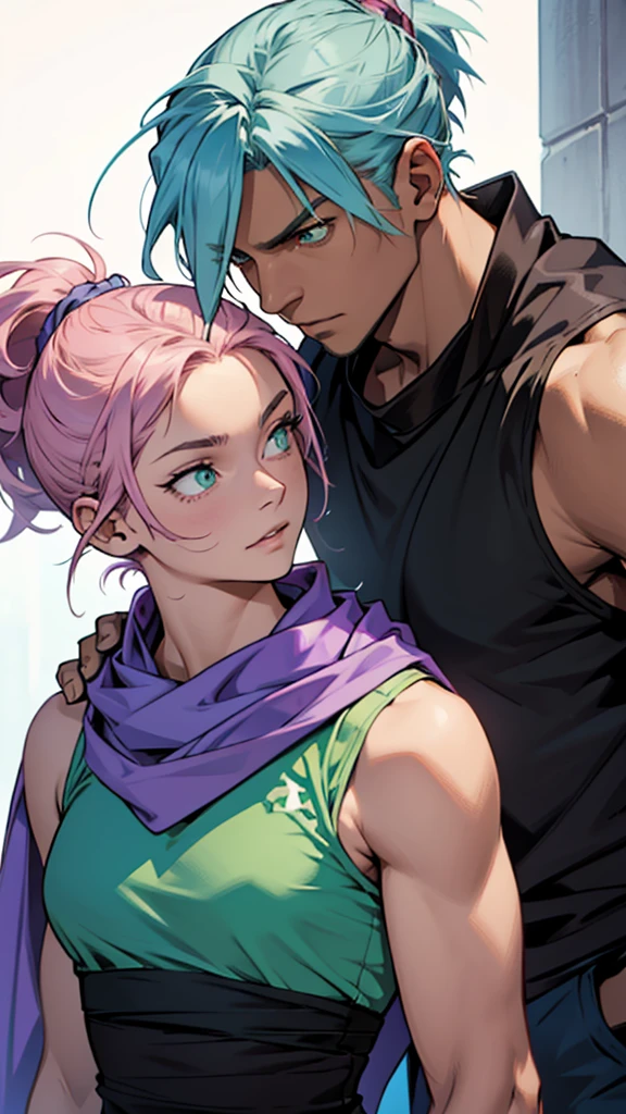 2 people. Male, long light blue hair tied in a ponytail, slightly brown skin, green eyes With a purple scarf and a black sleeveless t-shirt.. 

The other female character, short pink hair, Light blue-almost green eyes dressed like royalty. 