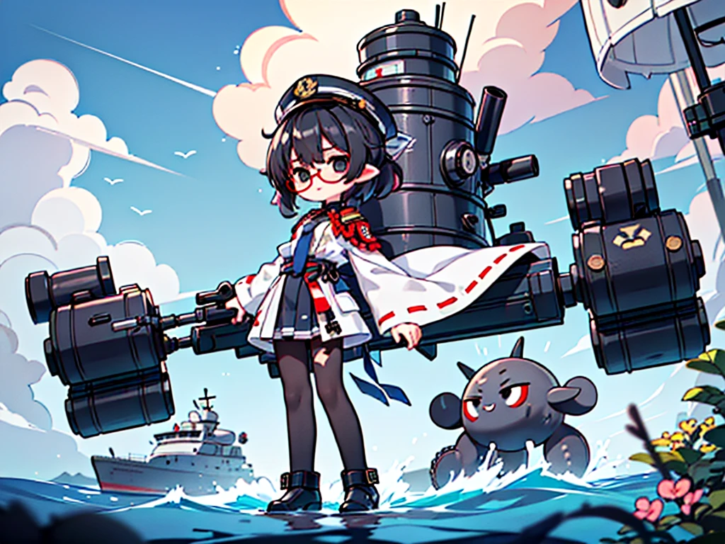 (((masterpiece, Vision))), ((((Full body of a woman with perfect flat chest、1 Female、solo、Short unkempt black hair、Tie your messy hair at the nape of your neck、white military jacket、Miko costume、black tights、Black glasses are black、White military cap、Cloudy black eyes、Confused eyes、Junyo-inspired emblem)))), (((Shipgirl))), ((Floating on the morning sea with both feet)), (Standing with your legs apart)), Aim, (Hold the shotgun turret grip with your right hand), (Four white armored mechanical tentacles extending from its back), (Mechanical tentacles holding the turret), (Equipped with a bridge on the back), (His left arm holds the grip of a triple machine gun),