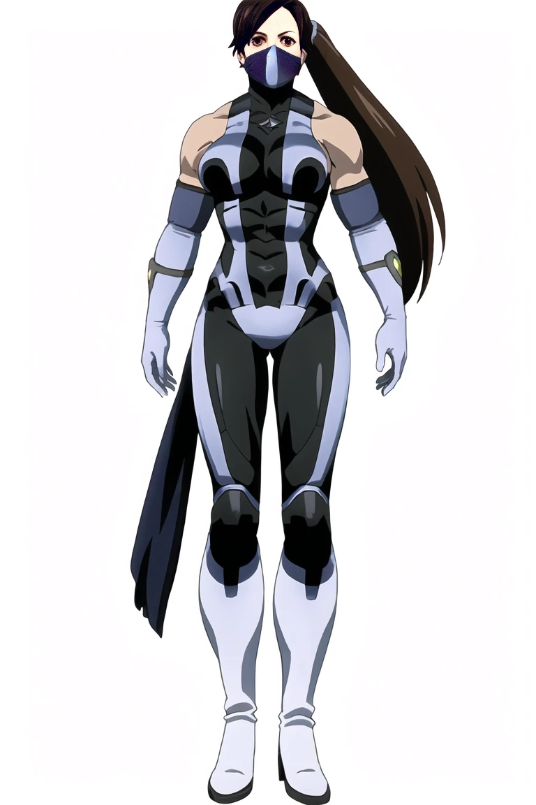 (((full body photo))) masterpiece, high quality, best quality, (1girl, solo:1.5), (muscular:1.0), muscles, abs, biceps, thighs, obliques, abs lines, naval, thighs, fit, (gigantic breasts:1.0), buffed, (closed mouth, half smile), (full-coverage attire, functional, proper, elegant, and modest attire:1.5), Kitana, black hair, ponytail, brown eyes, elbow gloves, skin-tight full-length bodysuit, mouth mask, thigh boots, (white background:1.5), anime coloring, anime screencap, anime style, anime key visual, (full body:1.5),