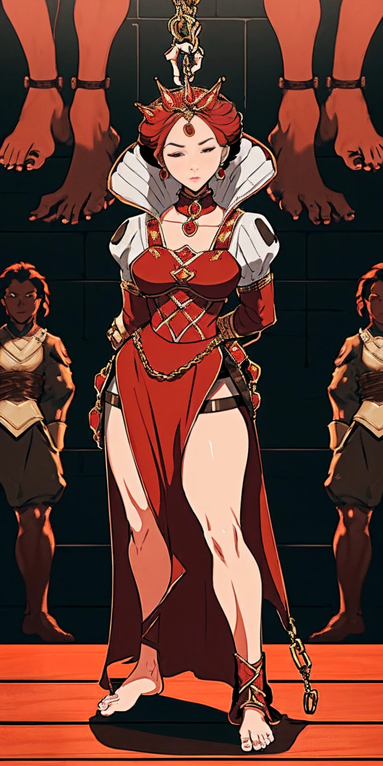 (masterpiece, best quality), intricate details, 1girl, Cammy White from Street Fighter (standing full body toe to head by wooden pole:1.2) iron collar, arms behind back, iron cuffs, shackles, bound, bondage outfit, harness, o-ring, bondage outfit blindfolded cover eyes, happy red cheeks, chain leash collar choker neck bell shackles wristbands bracers bracelets, cleave gag