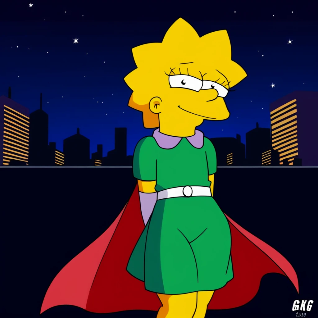 source_cartoon, (((1girl, solo, alone, lisa_simpson, short hair, flat chest, colored skin, yellow skin, shortstack))), looking at viewer, smile,

   ((( city, white gloves, cityscape, arms behind back, white belt, red cape, purple bodysuit, night sky, green tunic,)))

sexy pose, dynamic pose, dynamic angle, cowboy shot,

outdoor,