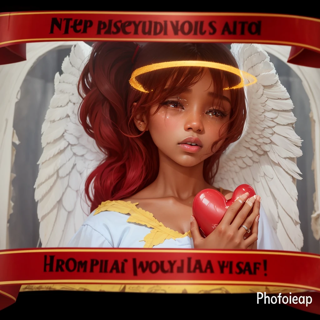 Turn this version into a real person keeping everything just the same brown skin female angel and crying with tears in both eyes running down both cheeks and with both hands holding a heart a broken heart repairing it the same exact image just making it real or realistic and keep all words in English nothing else on her Face but tears