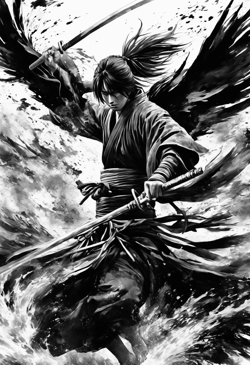 Ink painting,Ink Painting,Black and white painting,splash,upside-down face,Anime Rurouni Kenshin,main character、Kenshin Himura,Black Costume,(multiple crows:1.4),(acrobatic pose,Detailed depiction of intense sword fighting scenes:1.3),
