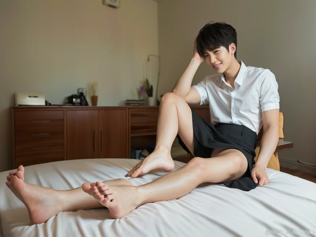 24 year old handsome guy、Beautiful Boy、Place both feet on the desk、barefoot、White shirt、Black Skirt、Manicure、Pedicure、smile、Foot fetish、whole body、1 person、Highest quality、High resolution、Look away、Black high heels,5 toes,Look around,whole body　Image seen from the side、Put your hands down、Look away、Lower your gaze