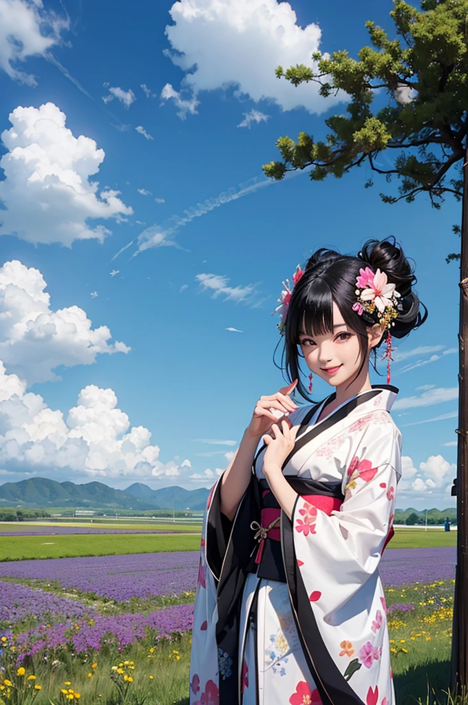 A beautiful woman with black hair and a kimono greets you with a smile, with a flower field in the background under a blue sky