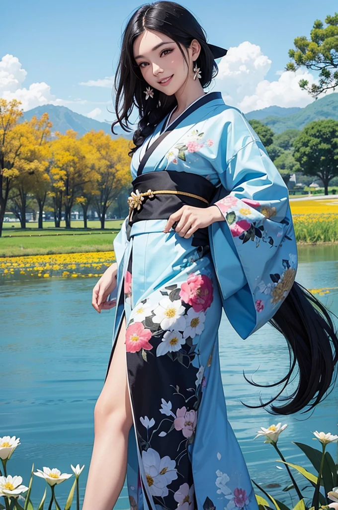 A beautiful woman with black hair and a kimono greets you with a smile, with a flower field in the background under a blue sky