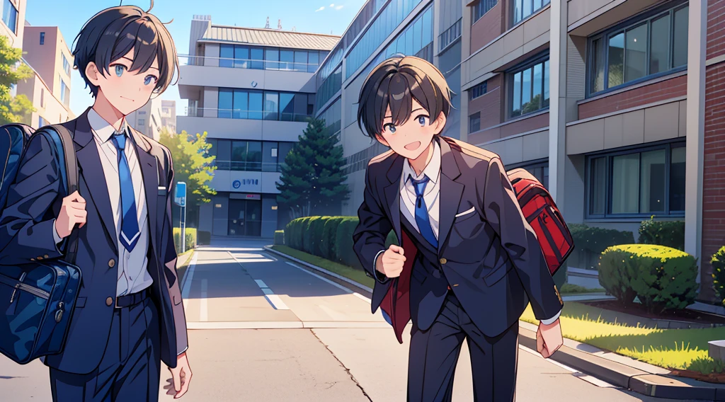 1boy、Highest quality, Ultra-high resolution, masterpiece, 8K quality,My son, a junior high school student, wears a navy blue blazer for his uniform.、Blue tie、Navy blue school bag、A mother seeing her son off to junior high school、 Laughing happily. There is a building in the background, Flat school building, Warm Spring.