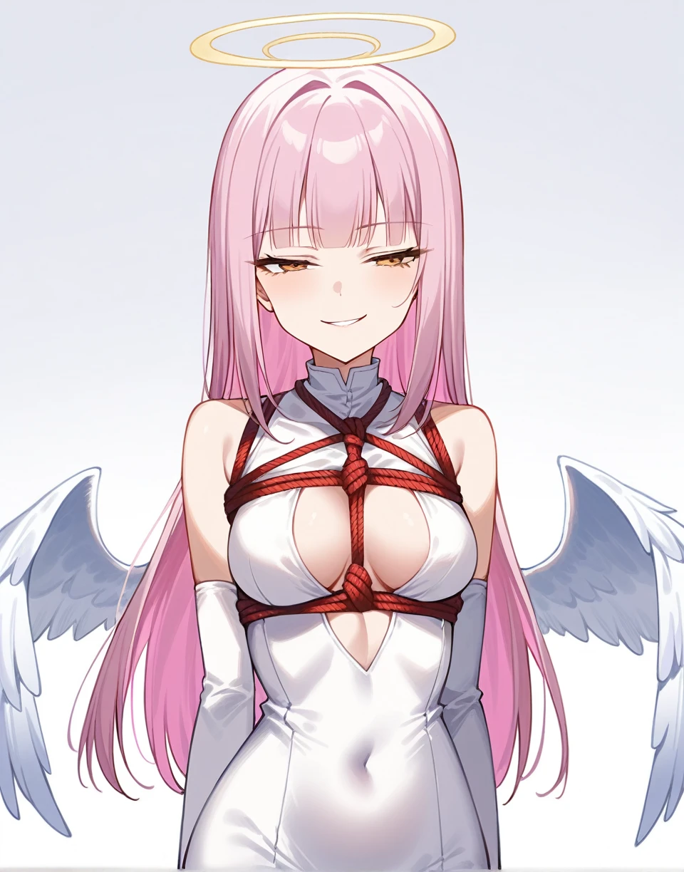 1girl, solo, gold eyes, (tsurime), colored inner hair, light pink inner hair, long straight hair, hime cut, plain white dress, tight clothes, cleavage cutout, center opening, elbow gloves, bare shoulders, covered navel, angel halo, (small low wings), medium breasts, slender, best quality, (half-closed eyes, smirk, full-face bulsh), (opened mouth:0.5), full body, long legs, from front, arms at side, standing, (completely nude, nipple piercing, naval piercing, rope, shibari, bound wrists, leash, pussy juice, pussy juice trails:1.4), (white background:1.5)