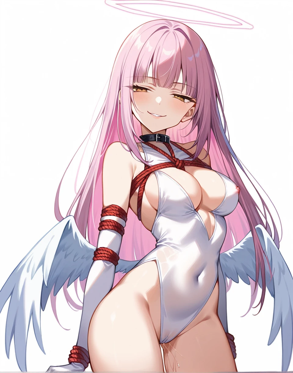 1girl, solo, gold eyes, (tsurime), colored inner hair, light pink inner hair, long straight hair, hime cut, plain white dress, tight clothes, cleavage cutout, center opening, elbow gloves, bare shoulders, covered navel, angel halo, (small low wings), medium breasts, slender, best quality, (half-closed eyes, smirk, full-face bulsh), (opened mouth:0.5), full body, long legs, from front, arms at side, standing, (completely nude, nipple piercing, naval piercing, rope, shibari, bound wrists, leash, pussy juice, pussy juice trails:1.4), (white background:1.5)
