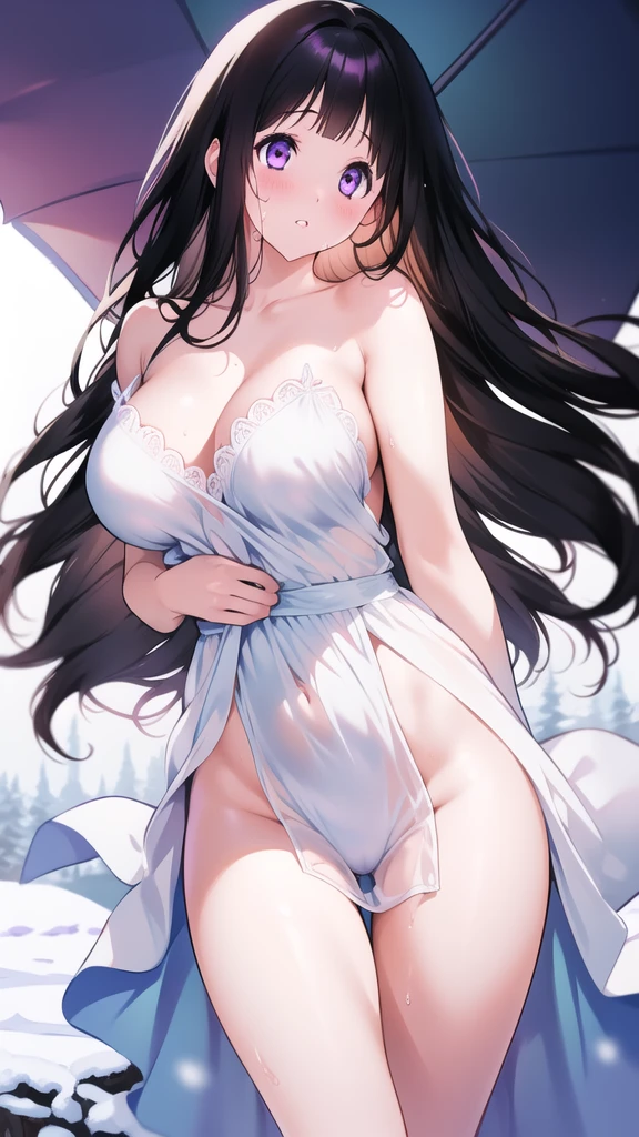 Amazing Chitanda, There is only one beautiful girl,Purple Eyes, Black Hair, Very red face,Very white skin,Glowing skin,Skin as delicate as porcelain,Naturally straight hair, Straight bangs,Extremely refined,Open lips,Long flowing hair,Beautiful Girl, Like a dream,Slim,Slim waist,Soft, (Sensual), (Kawaii), Dream quality,Beautiful big breasts,Sheer loose dress,Areola,Completely naked,Lower edge of breast,White gloves,Flower decoration,Deep V neckline,Loose neckline,Wide neckline,In school,The wind blows the hair,Place your hands on your inner thighs,Thighs clamp hands,Wet skin,Sweaty and sweaty,Sweating all over,On the snow,Back to,Lean over,Hips,Side body,Gluteal groove,Completely naked的臀部,Bare back,Completely naked的背部,Light transmission,(no pants),nopan,pussy juice,Bare shoulders,There are no shoulder straps,Bare neck,Exposed collarbone,Exposing breasts,Exposing breasts侧面,Exposing breasts下面,Show your waist,Show your buttocks,Show your thighs,Exposing the groin,(No pants),extremely shy,Ultra-high resolution, (masterpiece:1.2, best quality), (Delicate and beautiful eyes: 1.2), (Beautiful and delicate face)